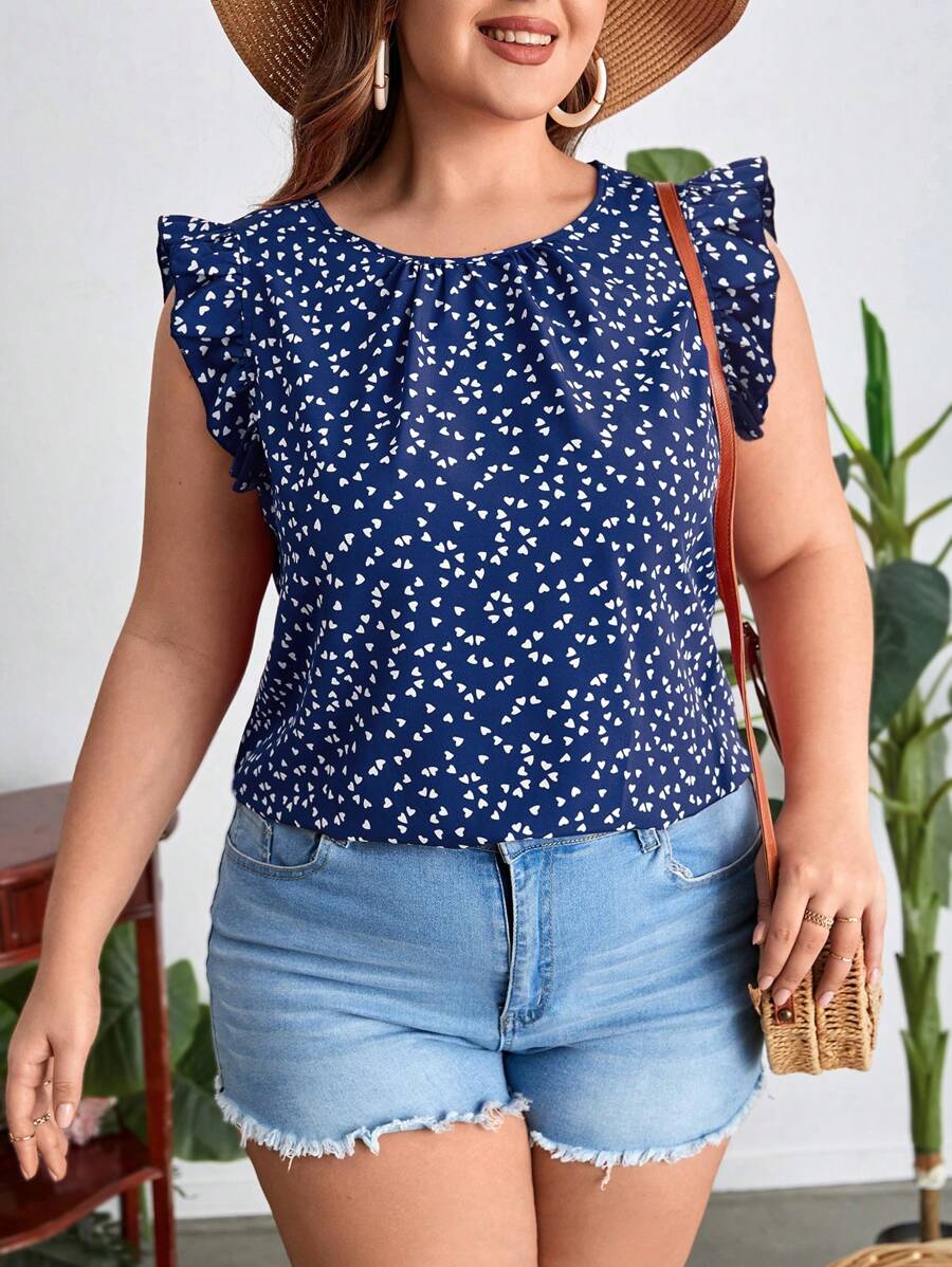 SHEIN VCAY Plus Hjärttryck Volang Trim Sommar Boho Blus - Blått och Vitt - Visa 1