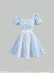 SHEIN MOD Floral Print Puff Sleeve Dress With Belt - Baby Blue - View 1