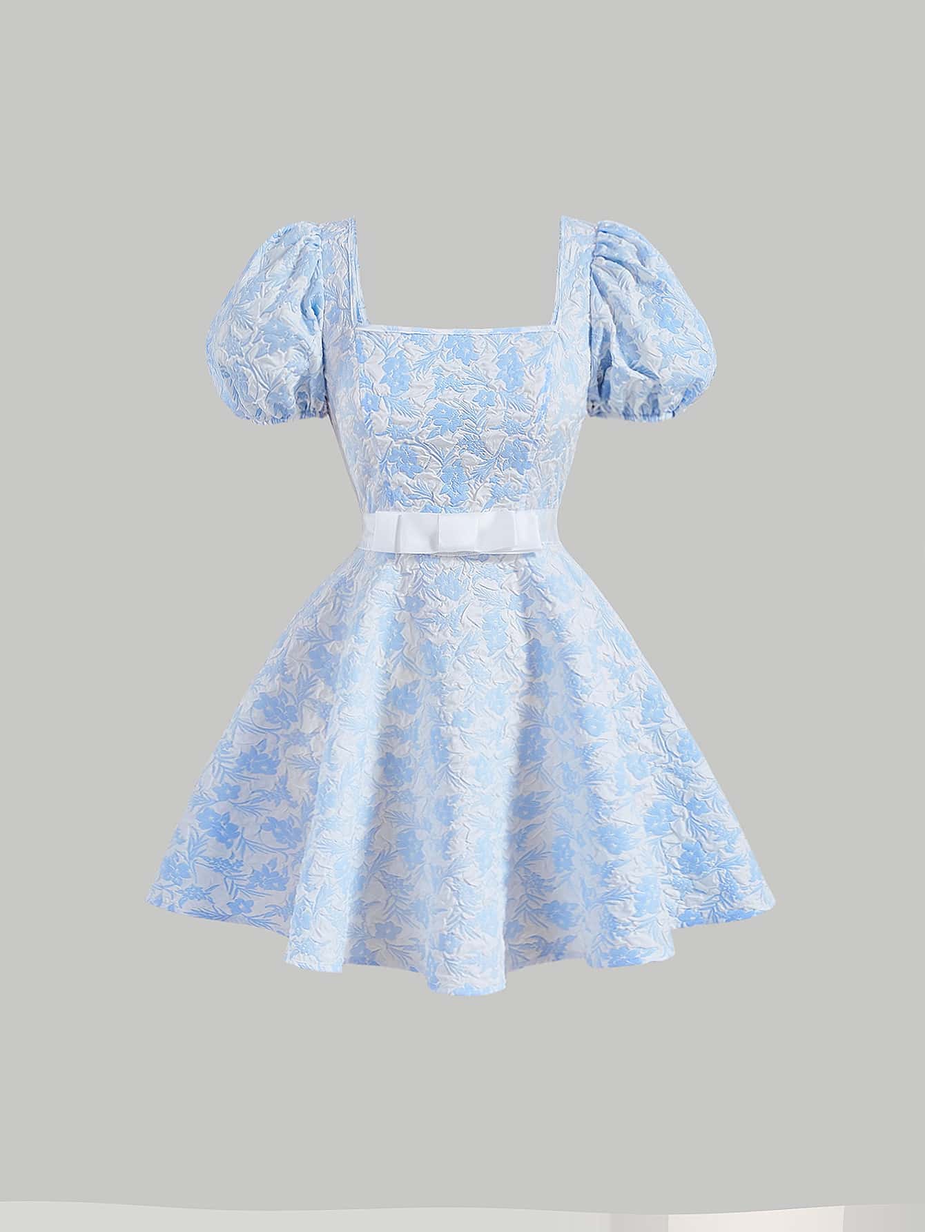 SHEIN MOD Floral Print Puff Sleeve Dress With Belt - Baby Blue - View 1