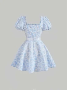 SHEIN MOD Floral Print Puff Sleeve Dress With Belt - Baby Blue - View 2