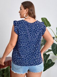 SHEIN VCAY Plus Hjärttryck Volang Trim Sommar Boho Blus - Blått och Vitt - Visa 2