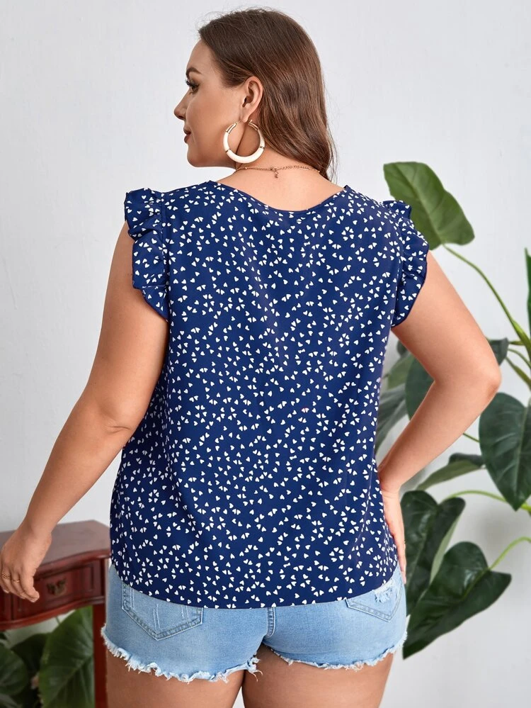 Plus Heart Print Ruffle Trim Summer Boho Blouse