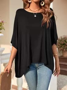 SHEIN LUNE Solid Batwing Sleeve Tee - Black - View 7