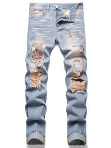Men Patch Detail Ripped Frayed Jeans - Medium Wash - View 1