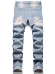 Men Patch Detail Ripped Frayed Jeans - Medium Wash - View 2