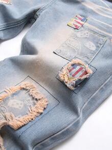 Men Patch Detail Ripped Frayed Jeans - Medium Wash - View 4