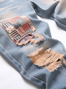 Men Patch Detail Ripped Frayed Jeans - Medium Wash - View 5