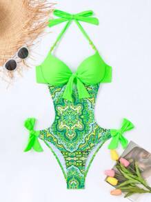 圖案前打結吊脖連體泳衣