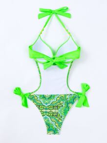 圖案前打結吊脖連體泳衣