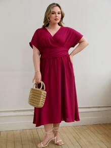 SHEIN Unity Vestido unicolor de manga murciélago de cintura con fruncido - Burdeos - Ver 1