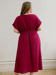 SHEIN Unity Vestido unicolor de manga murciélago de cintura con fruncido - Burdeos - Ver 2