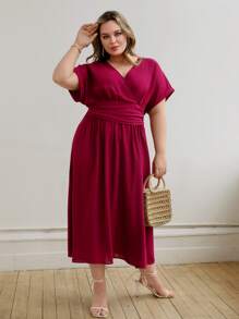 SHEIN Unity Vestido unicolor de manga murciélago de cintura con fruncido - Burdeos - Ver 3