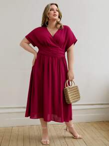 SHEIN Unity Vestido unicolor de manga murciélago de cintura con fruncido - Burdeos - Ver 4