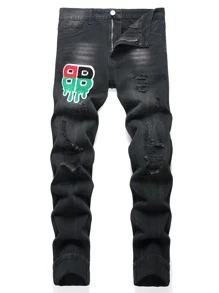 Quần Jeans Nam Túi Bị tách Dây kéo Lá thư - màu đen - Xem 1