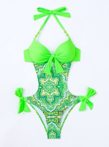 圖案前打結吊脖連體泳衣