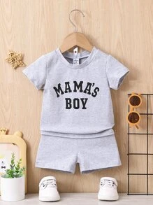 Bebé niño Shorts con camiseta con estampado de letra - Gris Claro - Ver 1
