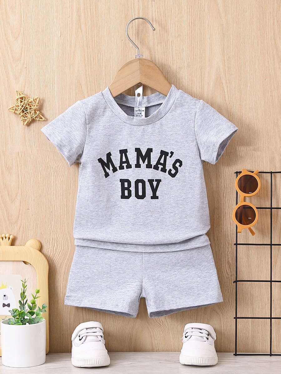 Bebé niño Shorts con camiseta con estampado de letra - Gris Claro - Ver 1