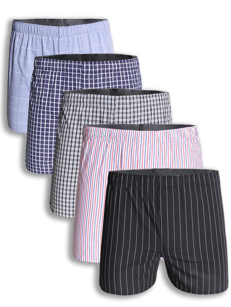 Men 5pcs Striped & Plaid Print Boxer Brief, Breathable - Multicolor - View 1