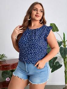 SHEIN VCAY Plus Hjärttryck Volang Trim Sommar Boho Blus - Blått och Vitt - Visa 3