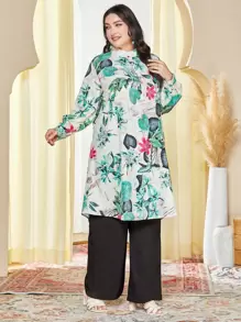 Al Najma 大碼熱帶圖案上衣和闊腿褲 - 彩色 - 查看 1