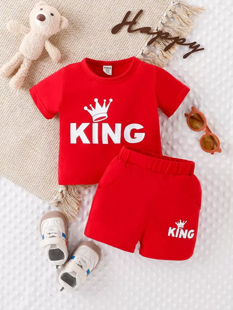 Baby Boy Crown & Letter Graphic Tee & Shorts - Red - View 1