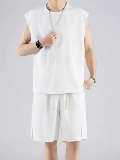 Men Solid Tank Top & Drawstring Waist Shorts