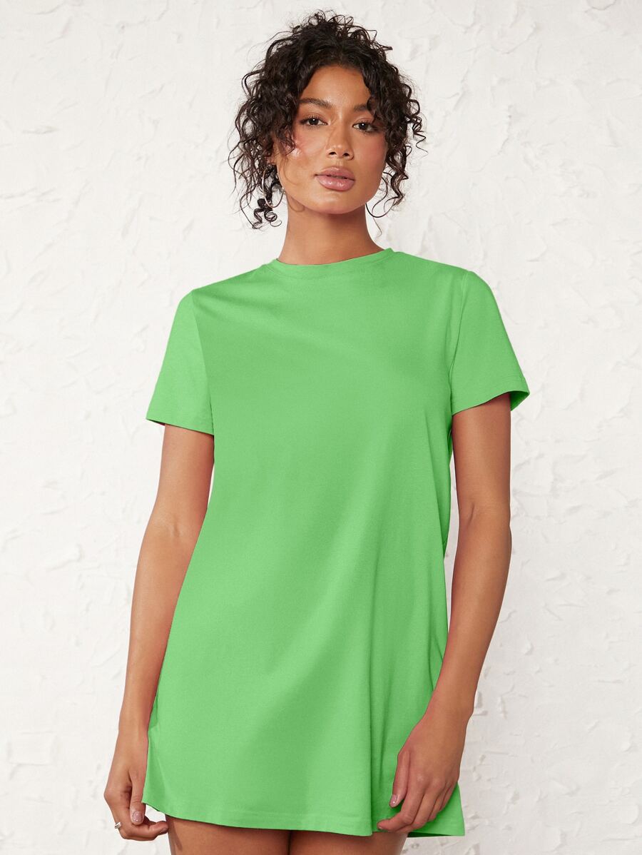 SHEIN BASICS Solid Round Neck Tee Dress T Shirt Dress - Green - View 1