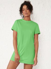 SHEIN BASICS Solid Round Neck Tee Dress T Shirt Dress - Green - View 3