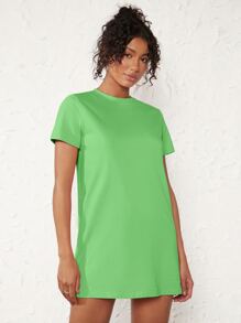 SHEIN BASICS Solid Round Neck Tee Dress T Shirt Dress - Green - View 4