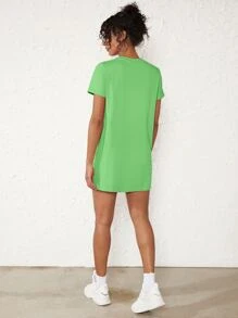 SHEIN BASICS Solid Round Neck Tee Dress T Shirt Dress - Green - View 5