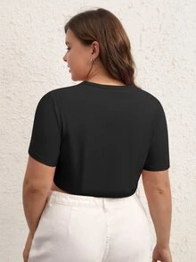 SHEIN BASICS Plus Solid Short Sleeve Crop Tee - Black - View 2
