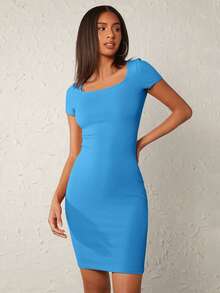 SHEIN BASICS Vestido Ajustado De Punto Acanalado Sólido - Azul - Ver 5