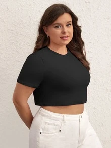 SHEIN BASICS Plus Solid Short Sleeve Crop Tee - Black - View 6