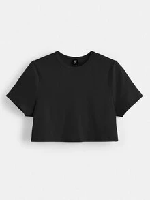 SHEIN BASICS Plus Solid Short Sleeve Crop Tee - Black - View 7