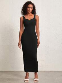 SHEIN BASICS Vestido Sólido De Cuello Con Muescas Y Tirantes - Negro - Ver 1