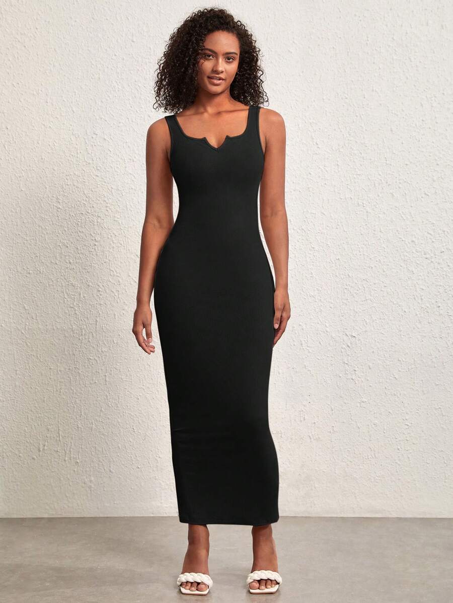 SHEIN BASICS Vestido Sólido De Cuello Con Muescas Y Tirantes - Negro - Ver 1