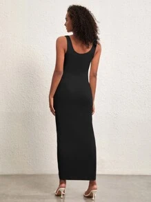 SHEIN BASICS Vestido Sólido De Cuello Con Muescas Y Tirantes - Negro - Ver 2