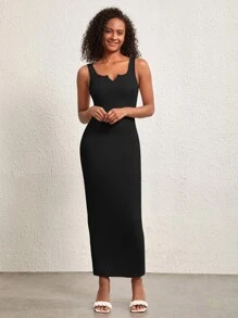 SHEIN BASICS Vestido Sólido De Cuello Con Muescas Y Tirantes - Negro - Ver 3