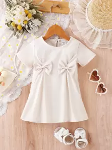 Baby Bow Front Fold Pleated Detail Keyhole Back Dress - Apricot - View 1