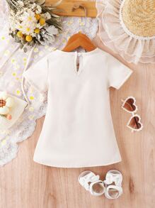 Baby Bow Front Fold Pleated Detail Keyhole Back Dress - Apricot - View 2