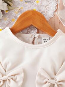 Baby Bow Front Fold Pleated Detail Keyhole Back Dress - Apricot - View 4