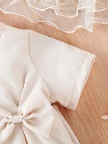 Baby Bow Front Fold Pleated Detail Keyhole Back Dress - Apricot - View 6