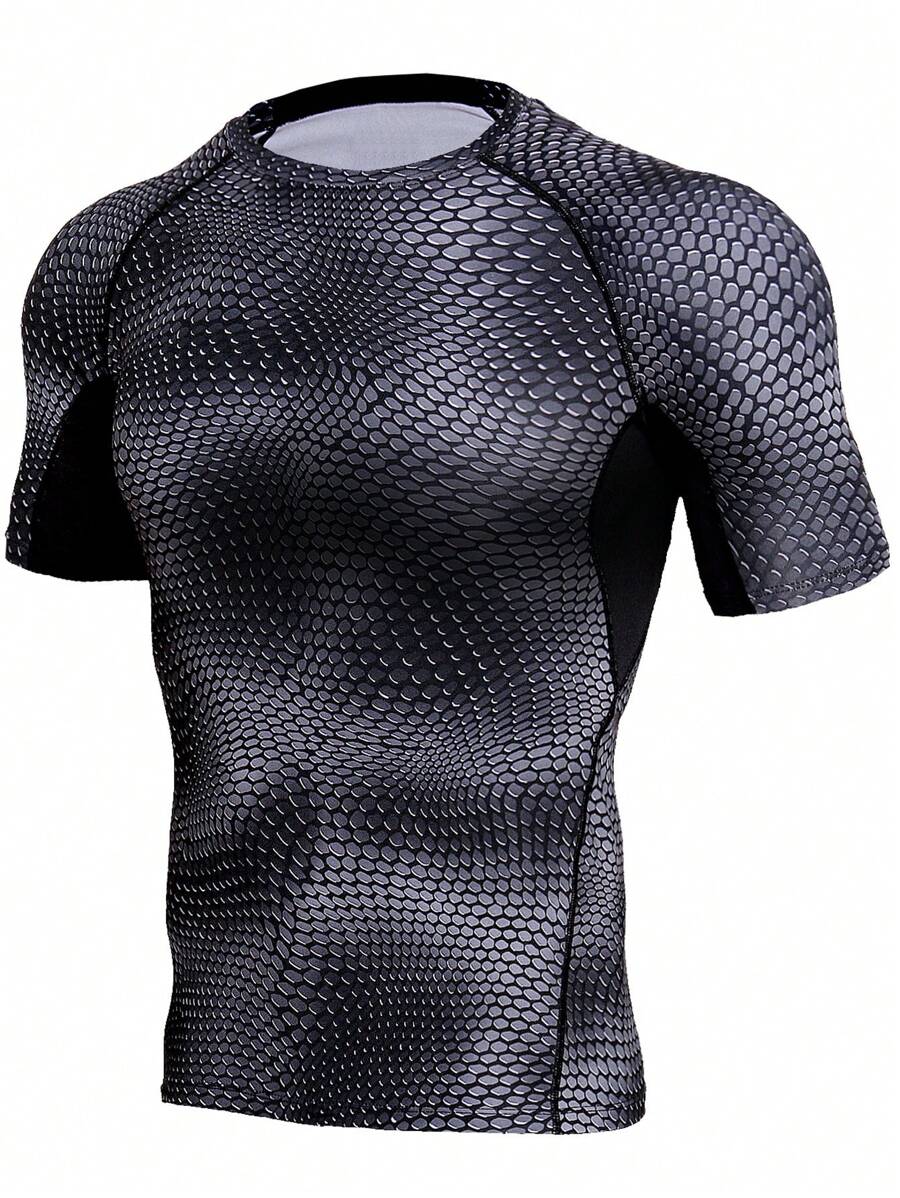 Camiseta deportiva para hombre de manga raglán con estampado completo, camiseta de compresión para hombre - Negro - Ver 1