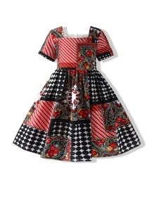 Toddler Girls Polka Dot & Floral Print Square Neck Dress - Multicolor - View 1