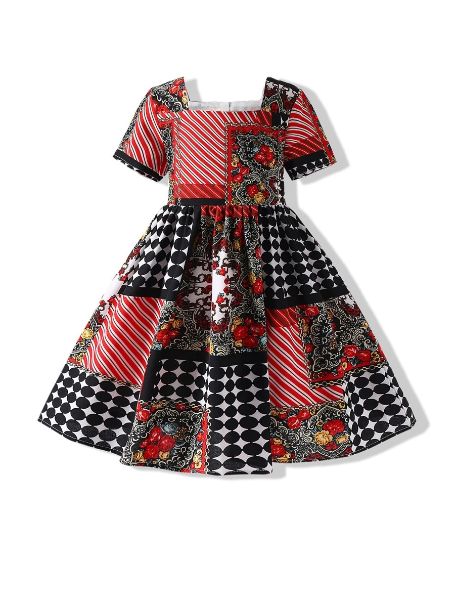 Toddler Girls Polka Dot & Floral Print Square Neck Dress - Multicolor - View 1