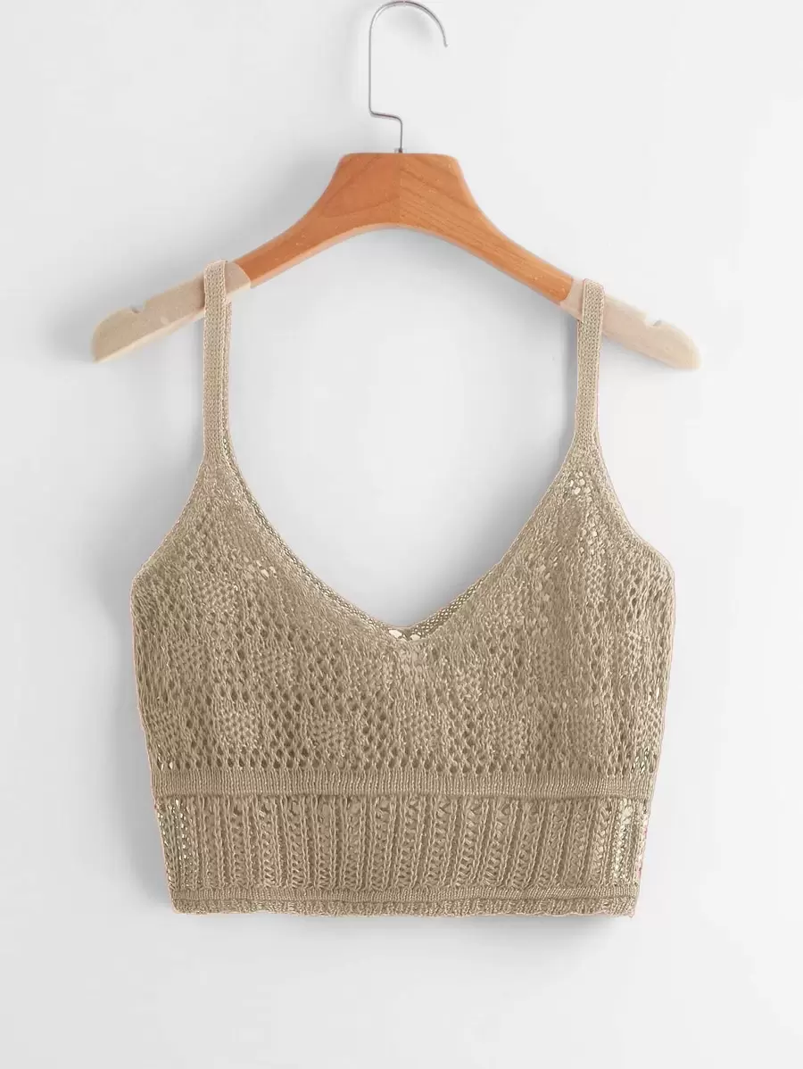 SHEIN Swim 素色吊帶短上衣 - 卡其色 - 查看 1