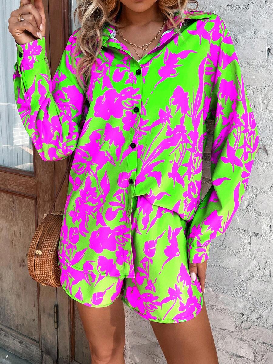 Breezaya 滿版印花落肩袖襯衫和短褲 - 彩色 - 查看 1