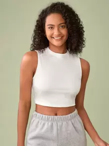 SHEIN BASICS Top De Tanque Sólido Y Recortado Con Cuello Redondo - Blanco - Ver 1