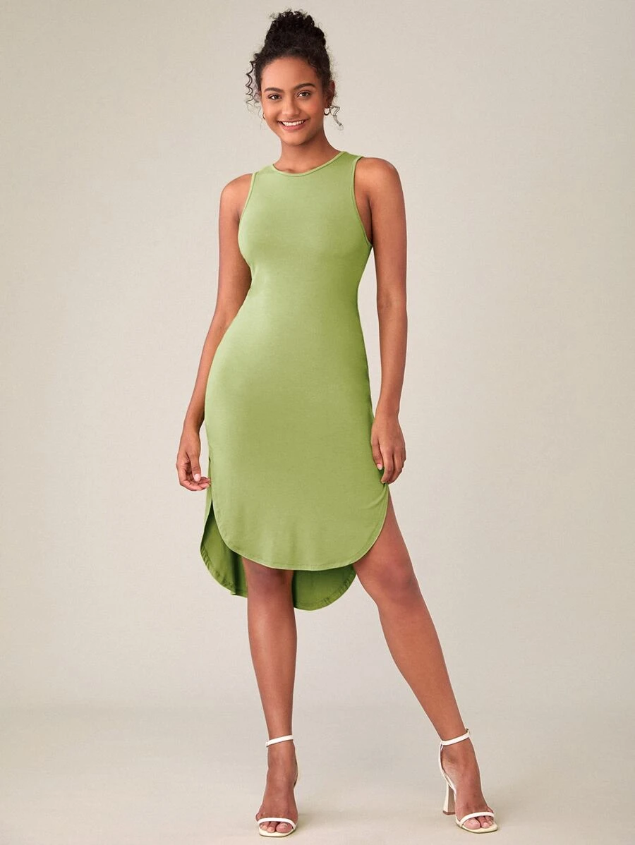 SHEIN BASICS Solid Curved Hem Tank Dress - Lime Green - View 1