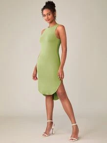 SHEIN BASICS Solid Curved Hem Tank Dress - Lime Green - View 3